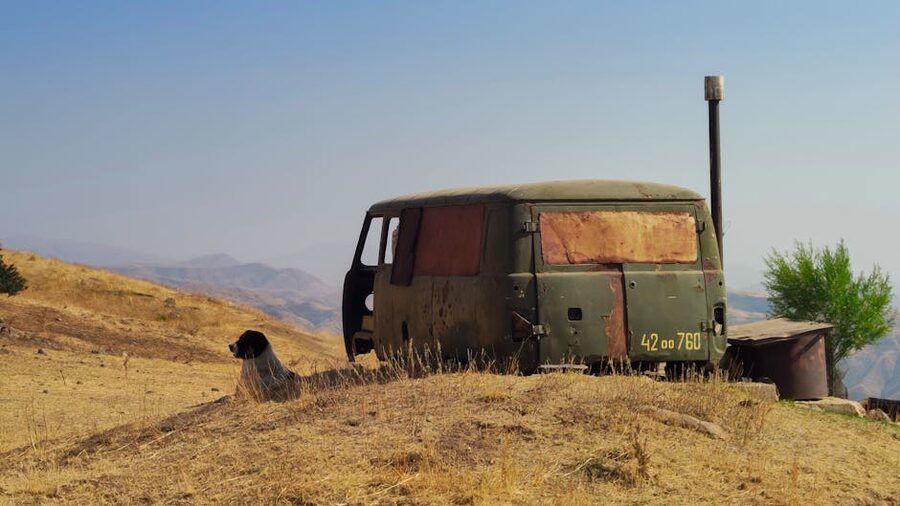 An old van parked in the Armenian countryside