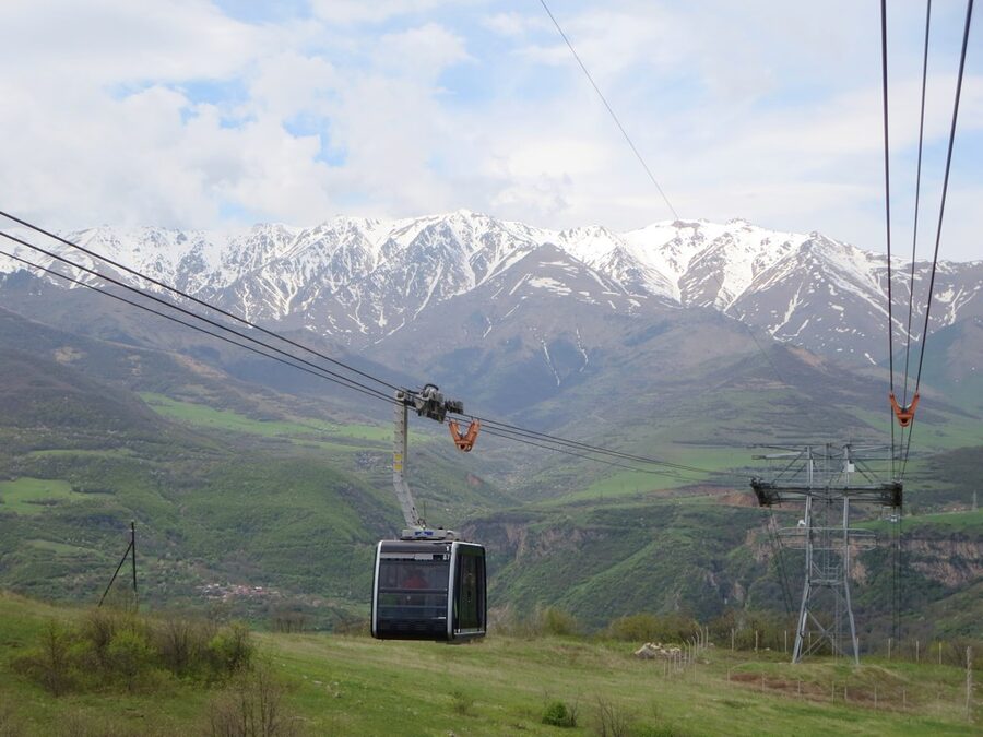 A Wings of Tatev cable car gondola crossing the Vorotan Gorge