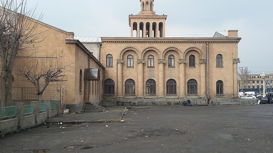 Yerevan Railway Station platform with overnight train to Tbilisi