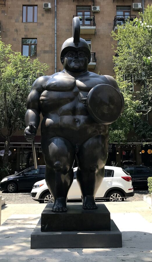 Roman Warrior bronze sculpture by Fernando Botero in the Cascade garden