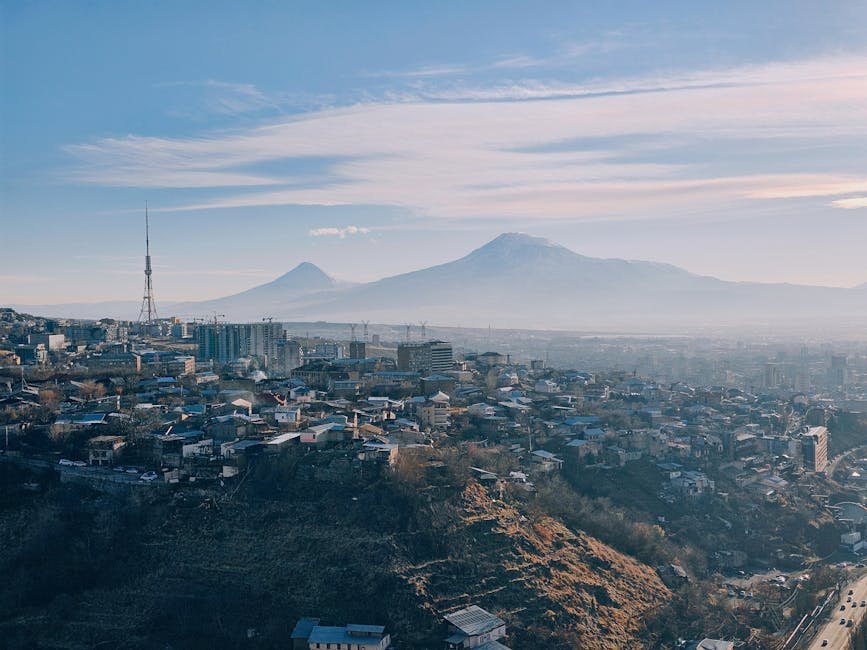 Yerevan panorama with Mount Ararat in the distance from the Cascade