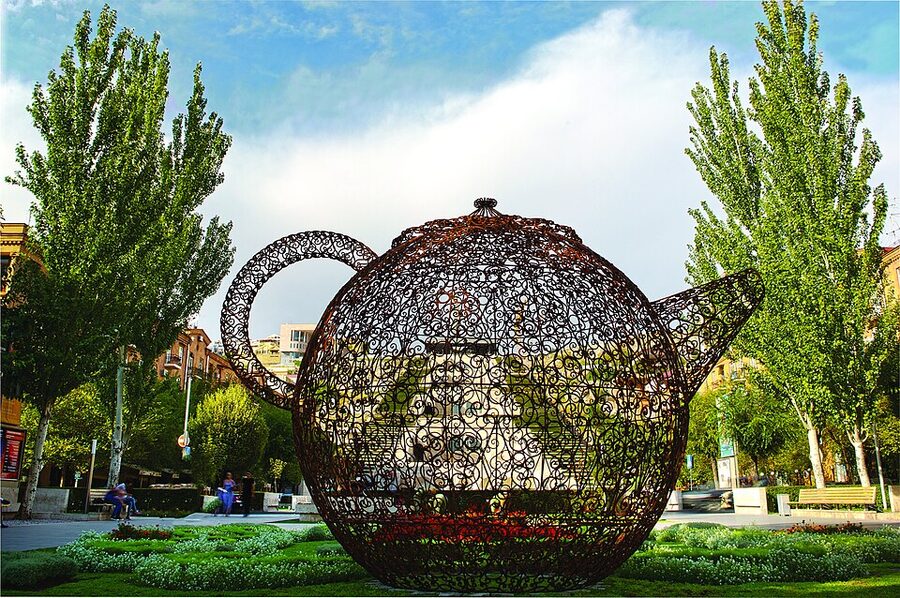 Cafesjian Sculpture Garden in front of the Cascade with art and walking paths