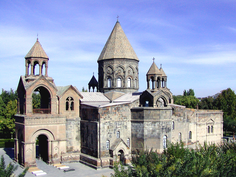 Side view of Etchmiadzin Cathedral with belfry