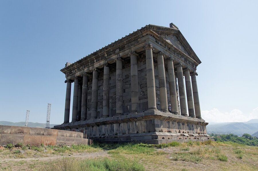 Garni Temple at the edge of the gorge with the Azat valley visible behind