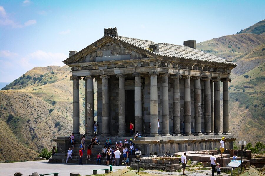 Garni Temple seen in late evening light with warm tones