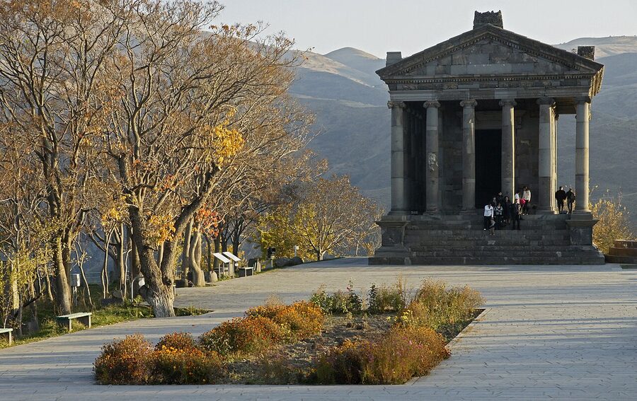 Garni Temple side view showing the gabled pediment and Ionic capitals