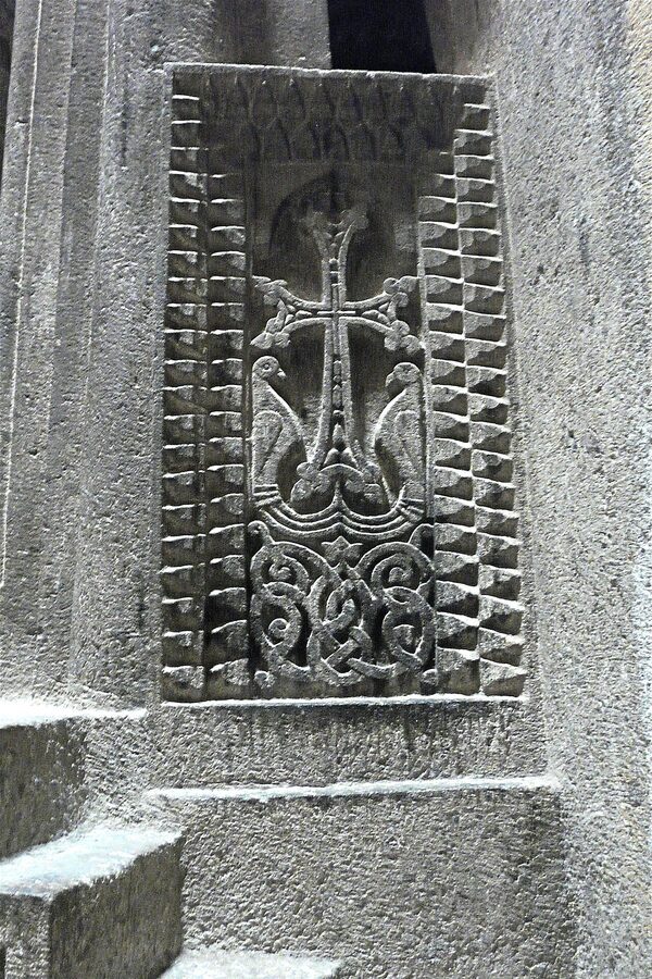 A khachkar at the Proshian church inside Geghard