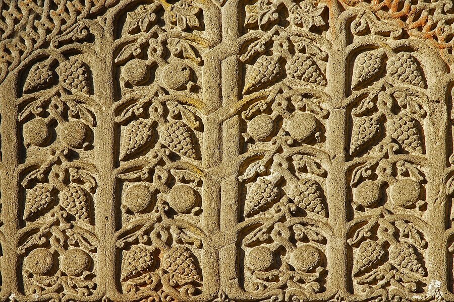 Detail of stone ornament carving at Geghard Monastery
