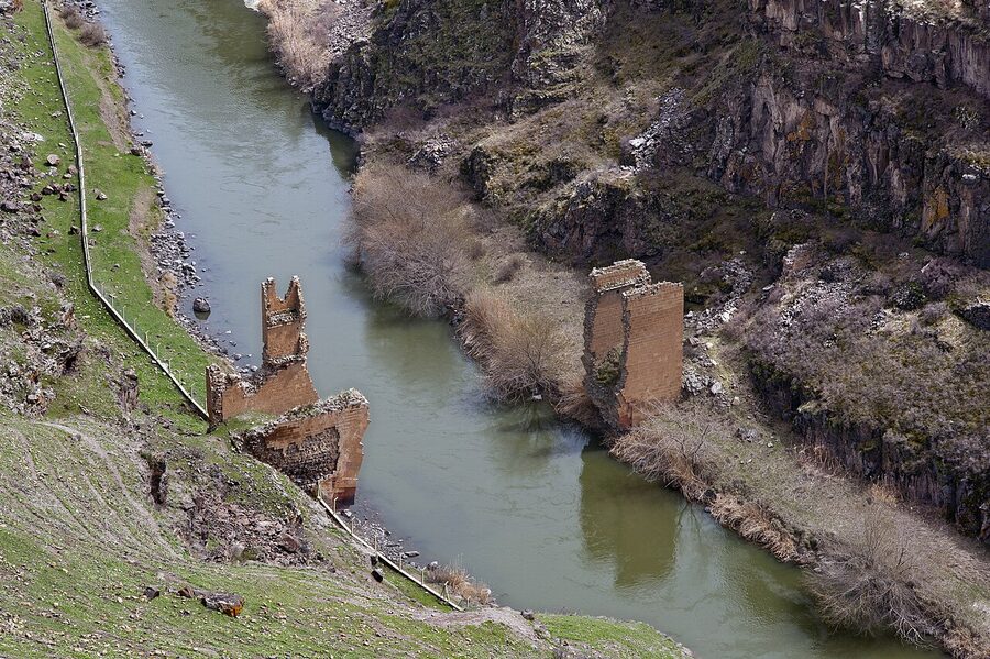 Ruined Ani bridge over the Akhurian River on the Armenia-Turkey border