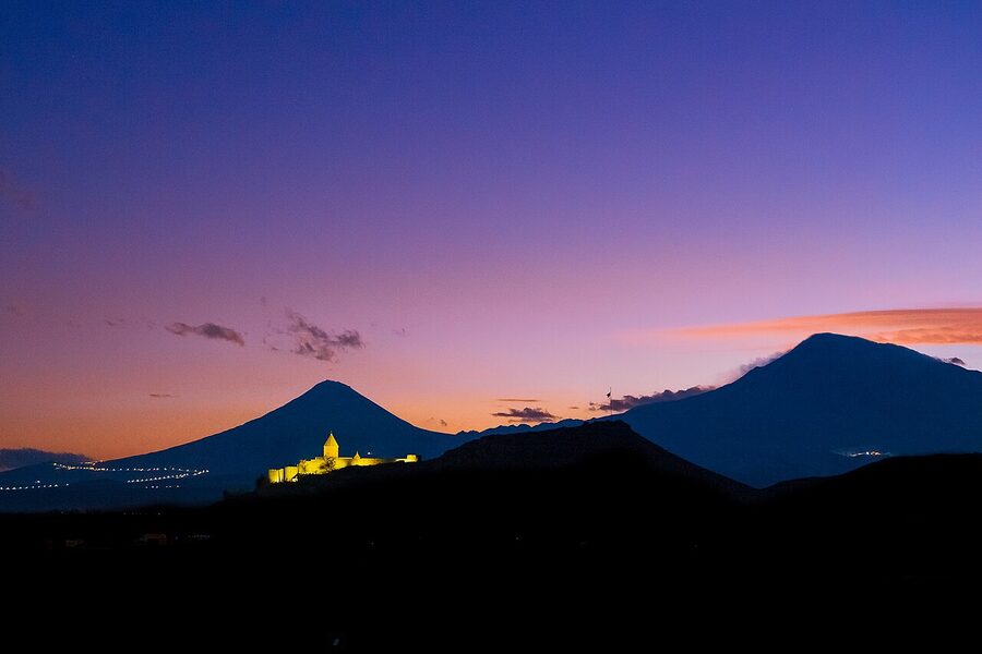 Khor Virap monastery just after sunset, with cloud on Ararat