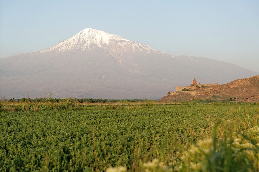 Khor Virap monastery on its hill with Mount Ararat looming behind