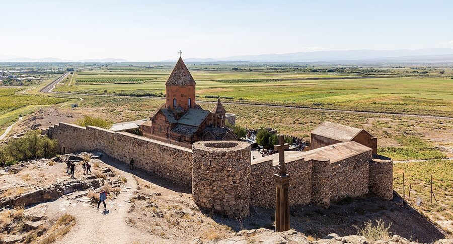 Side view of Khor Virap monastery walls and bell tower