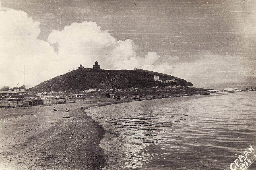Lake Sevan photographed in 1974 with the lowered water level visible against the surrounding hills