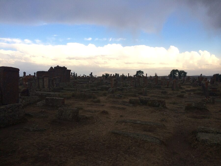 Field of medieval Armenian khachkar cross-stones at Noratus Cemetery, Lake Sevan