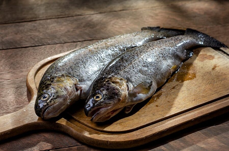Two whole fresh rainbow trouts placed on a wooden cutting board with herbs