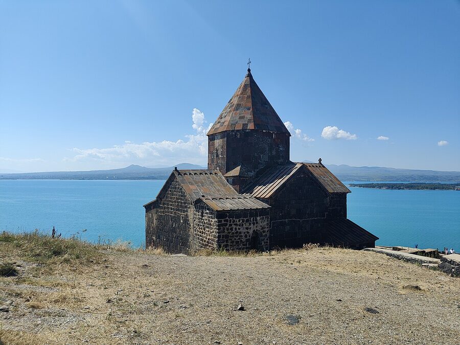 Stone staircase climbing up to Sevanavank Monastery on the Sevan Peninsula