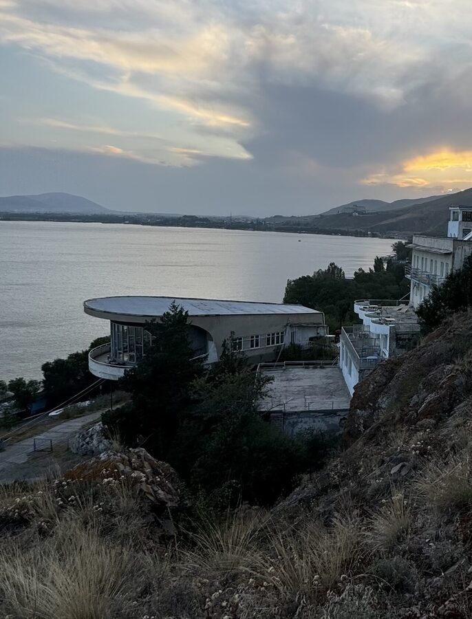 The Sevan Writers' House on the Sevan Peninsula, a Soviet-era Brutalist guesthouse with the cantilevered cafe-lounge over the water