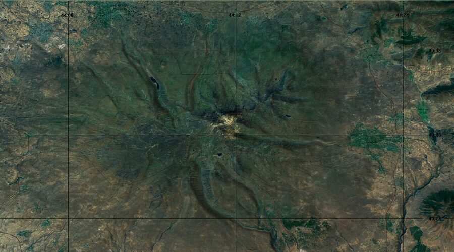 Mount Aragats photographed from the International Space Station, showing the four peaks around the caldera