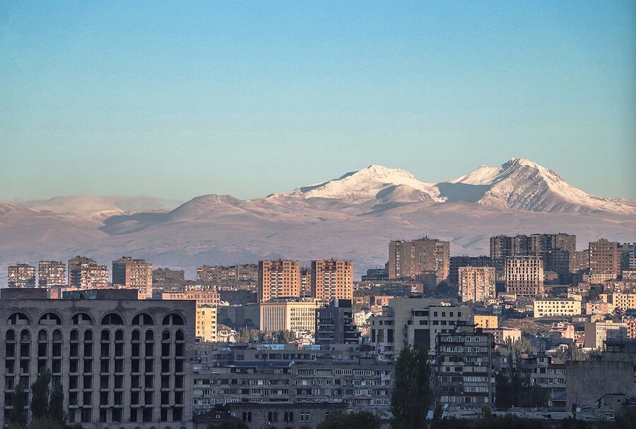 Mount Aragats viewed from Yerevan, about 40km away