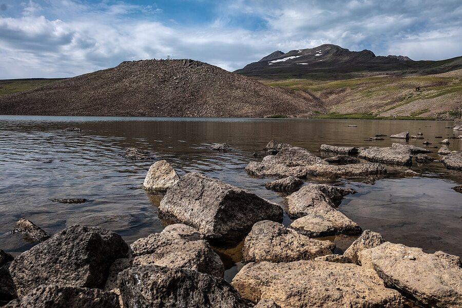 The four peaks of Mount Aragats seen from Lake Kari at 3,200m