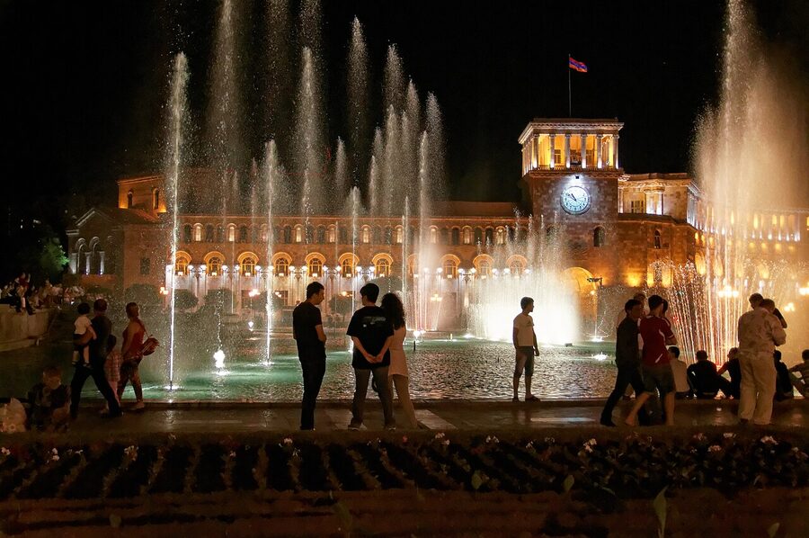 Singing fountains at Republic Square Yerevan illuminated at night
