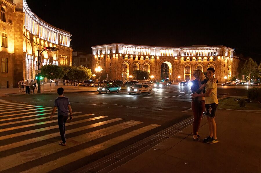 Armenia Marriott Hotel Yerevan on Republic Square at night