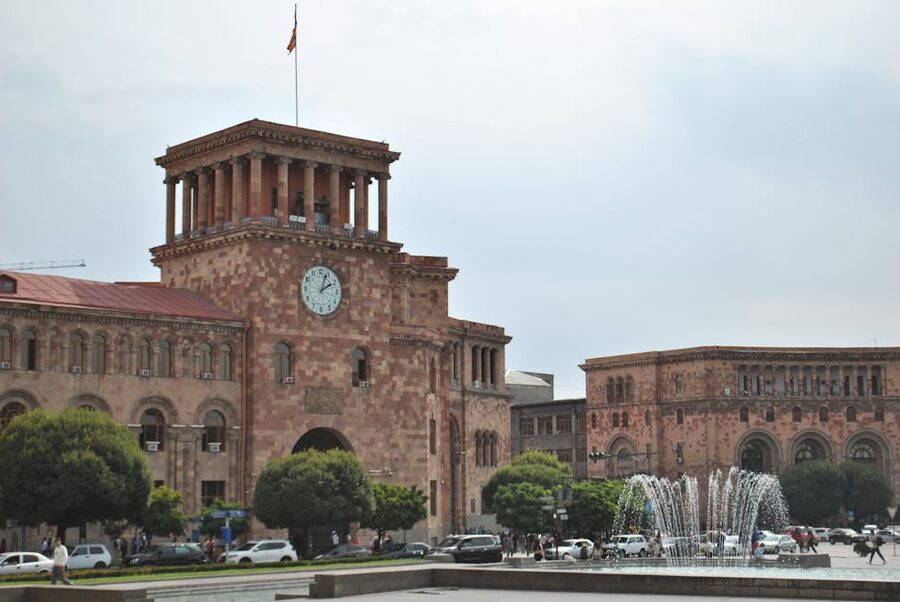 Republic Square in Yerevan with the singing fountain and clock tower