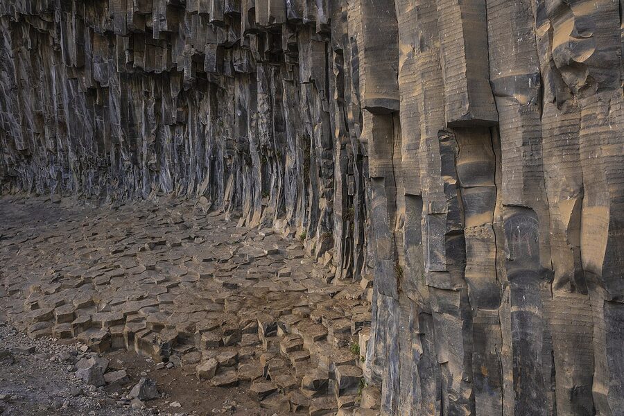 Wide view of Symphony of Stones basalt columns and cliff face