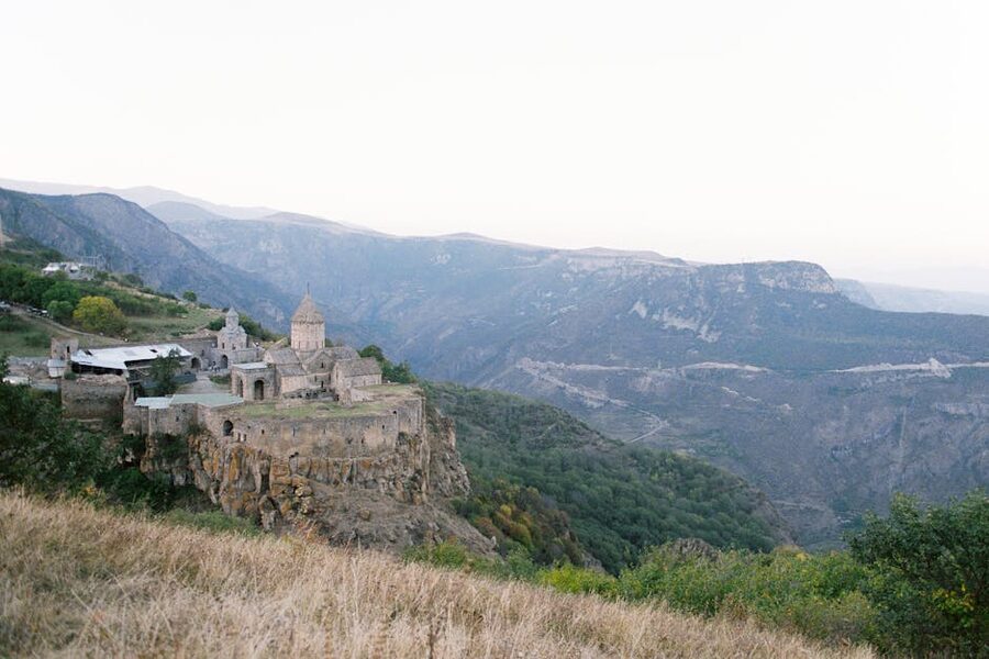 Tatev Monastery in its mountain setting on the basalt plateau