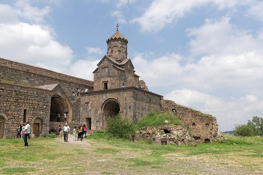 Tatev Monastery curtain walls and outbuildings on the basalt plateau, Armenia