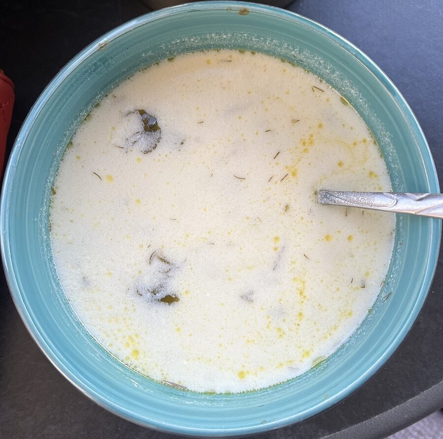 Bowl of Armenian spas yoghurt soup with herbs