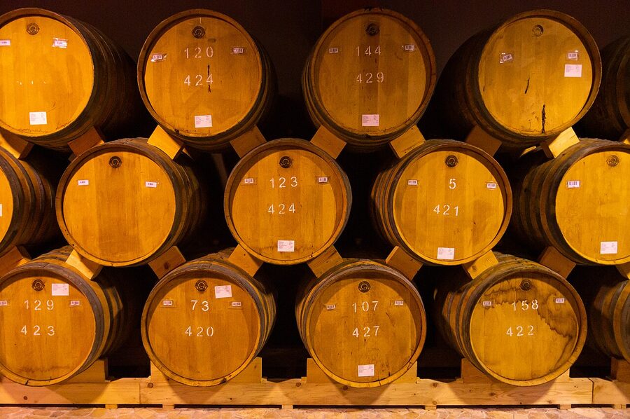 Oak brandy barrels in the cellar of the Yerevan Brandy Company
