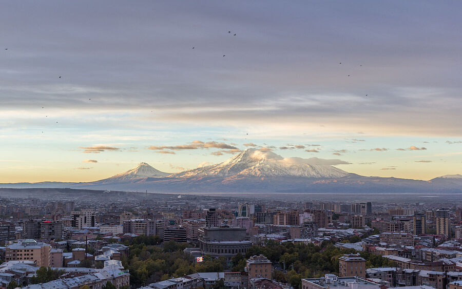 Yerevan at dawn with Mount Ararat