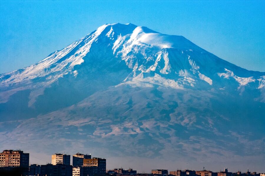 Snow-capped Mount Ararat over the Yerevan skyline