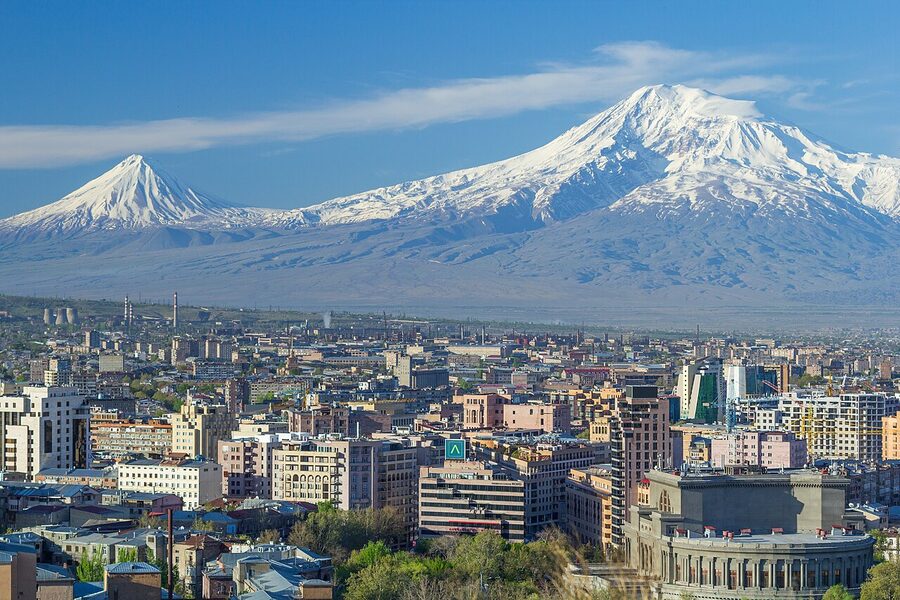 Mount Ararat behind Yerevan in spring with snow on the peak