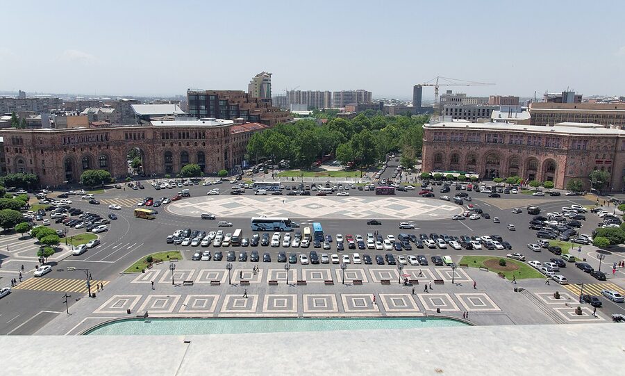 Republic Square, Yerevan, with neoclassical pink tuff buildings around the central oval
