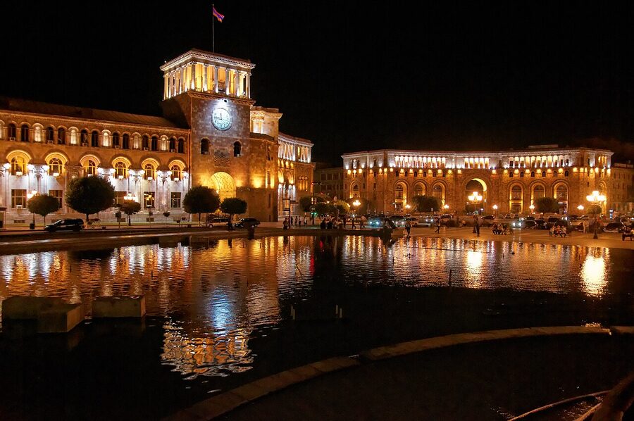 Republic Square Yerevan at night with floodlit buildings