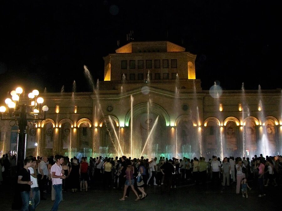 The singing fountains at Republic Square Yerevan with crowds watching