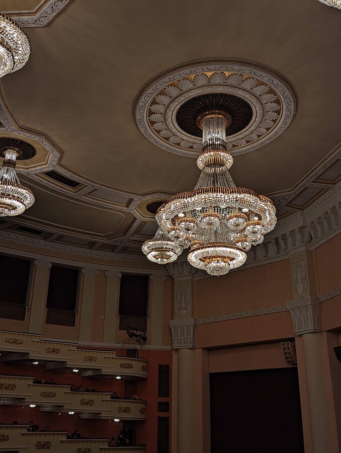 Chandelier and main hall interior of the Yerevan Opera House