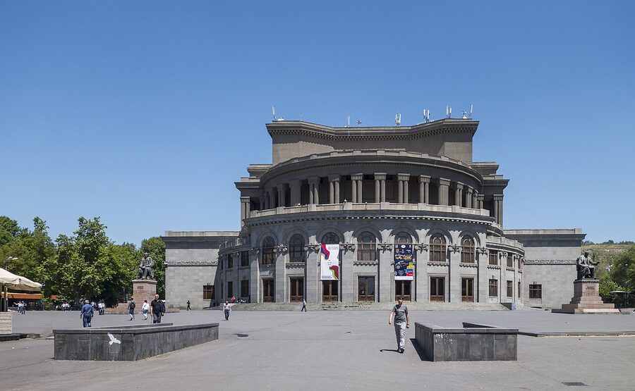Side exterior of the Yerevan Opera House showing the rotunda design